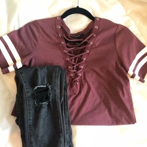 Burgundy Varsity Lace Up T-Shirt